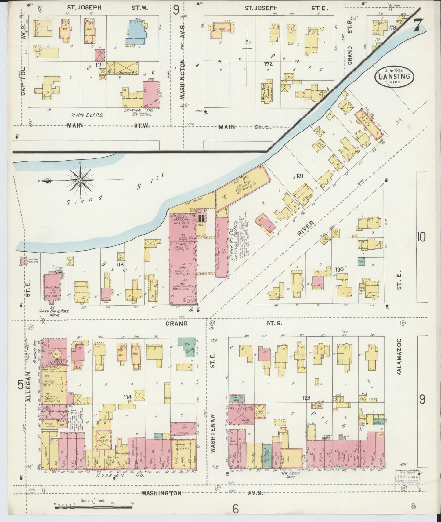 Sanborn Fire Insurance Map from Lansing, Ingham County, Michigan (1898), Sheet #0007 - Historic Sanborn Fire Insurance Map Print, vintage old map wall art, antique decor, genealogy gift, Michigan Michigan map