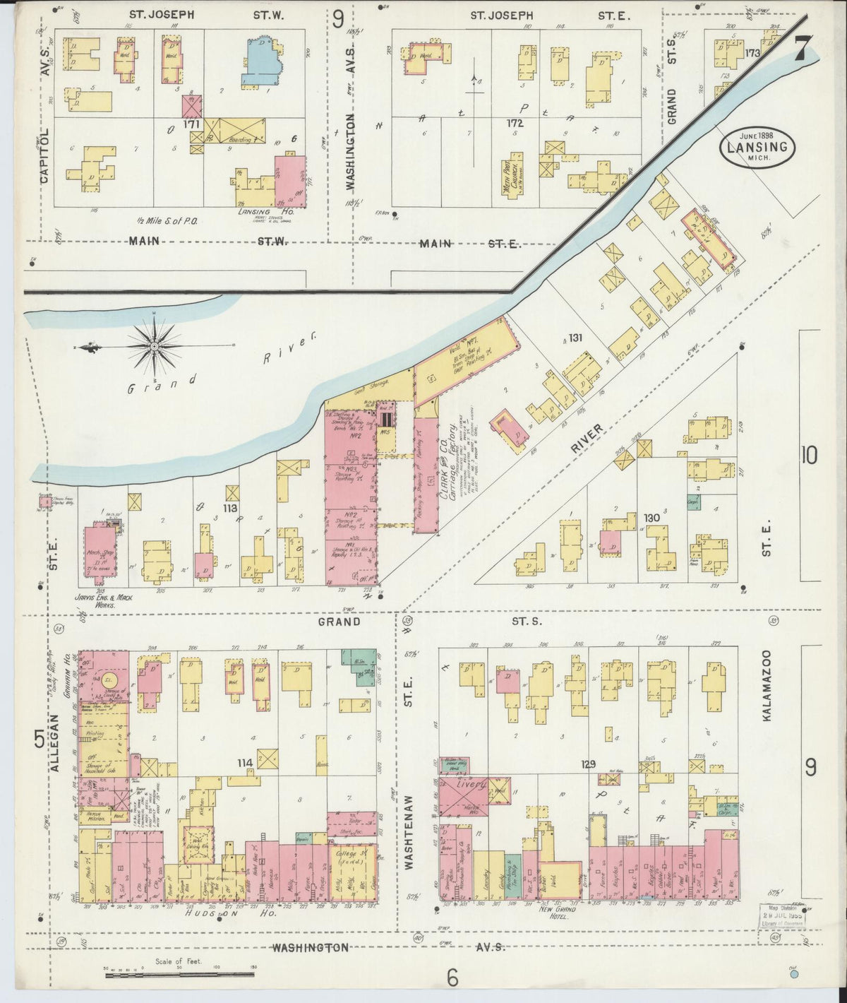 Sanborn Fire Insurance Map from Lansing, Ingham County, Michigan (1898), Sheet #0007 - Historic Sanborn Fire Insurance Map Print, vintage old map wall art, antique decor, genealogy gift, Michigan Michigan map