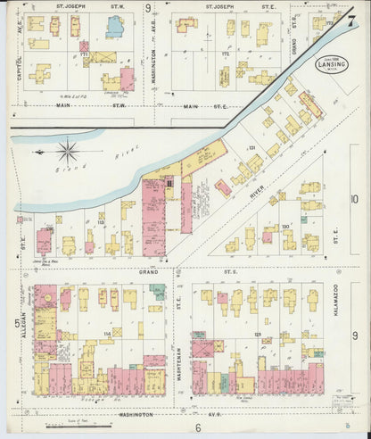 Sanborn Fire Insurance Map from Lansing, Ingham County, Michigan (1898), Sheet #0007 - Historic Sanborn Fire Insurance Map Print, vintage old map wall art, antique decor, genealogy gift, Michigan Michigan map