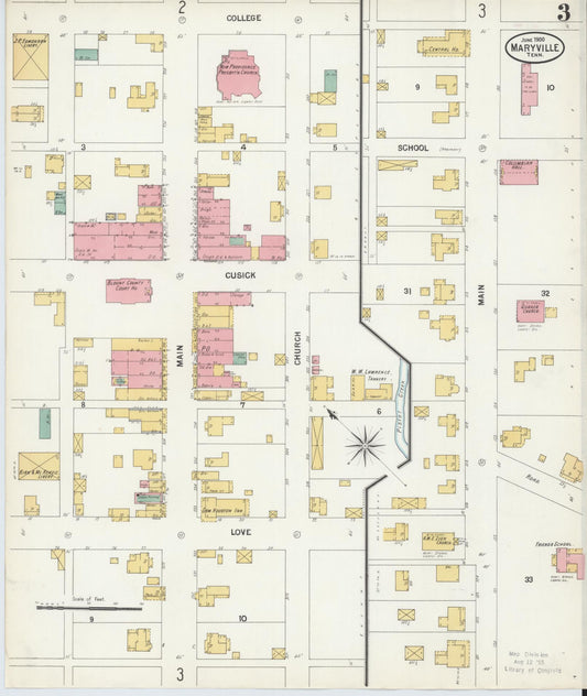 Sanborn Fire Insurance Map from Maryville, Blount County, Tennessee (1900), Sheet #0003 - Historic Sanborn Fire Insurance Map Print, vintage old map wall art, antique decor, genealogy gift, Tennessee Tennessee map