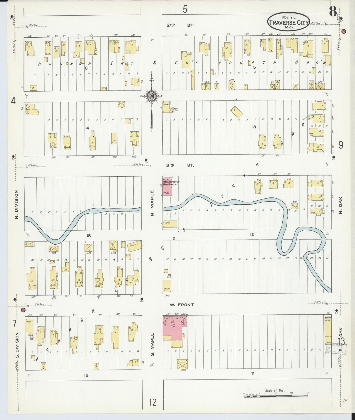 Sanborn Fire Insurance Map from Traverse City, Grand Traverse County, Michigan (1910), Sheet #0008 - Historic Sanborn Fire Insurance Map Print, vintage old map wall art, antique decor, genealogy gift, Michigan Michigan map