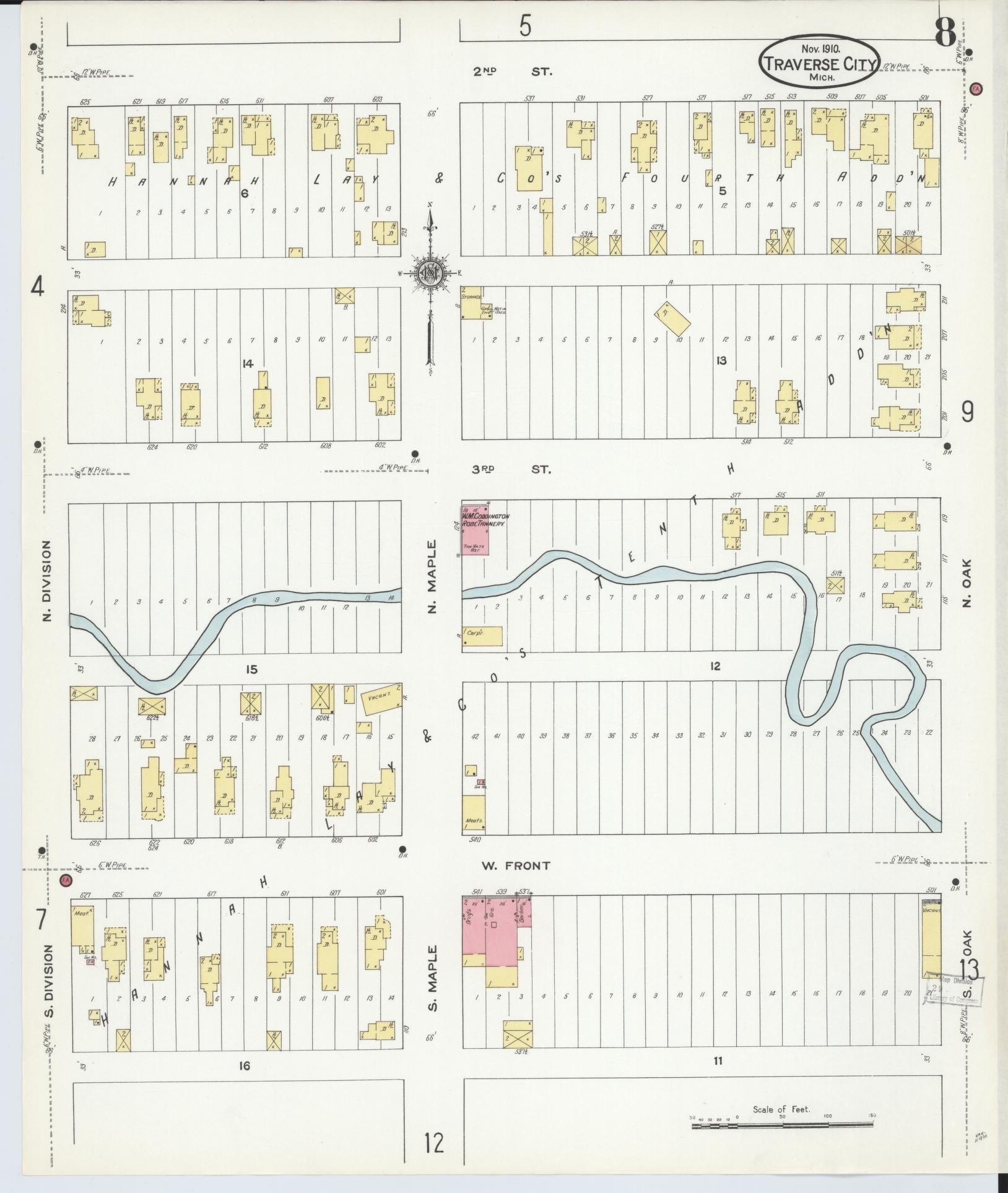 Sanborn Fire Insurance Map from Traverse City, Grand Traverse County, Michigan (1910), Sheet #0008 - Historic Sanborn Fire Insurance Map Print, vintage old map wall art, antique decor, genealogy gift, Michigan Michigan map