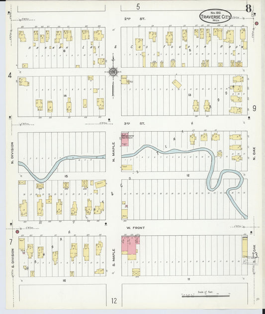 Sanborn Fire Insurance Map from Traverse City, Grand Traverse County, Michigan (1910), Sheet #0008 - Historic Sanborn Fire Insurance Map Print, vintage old map wall art, antique decor, genealogy gift, Michigan Michigan map