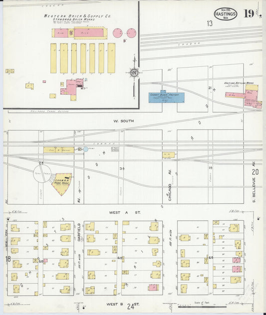 Sanborn Fire Insurance Map from Hastings, Adams County, Nebraska (1915), Sheet #0019 - Historic Sanborn Fire Insurance Map Print, vintage old map wall art, antique decor, genealogy gift, Nebraska Nebraska map