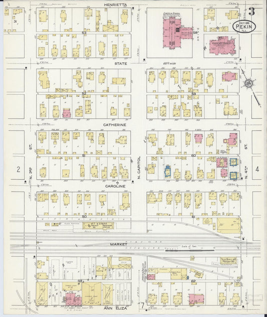 Sanborn Fire Insurance Map from Pekin, Tazewell County, Illinois (1916), Sheet #0003 - Historic Sanborn Fire Insurance Map Print, vintage old map wall art, antique decor, genealogy gift, Illinois Illinois map