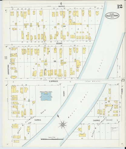 Sanborn Fire Insurance Map from Sault Sainte Marie, Chippewa County, Michigan (1902), Sheet #0012 - Historic Sanborn Fire Insurance Map Print, vintage old map wall art, antique decor, genealogy gift, Michigan Michigan map