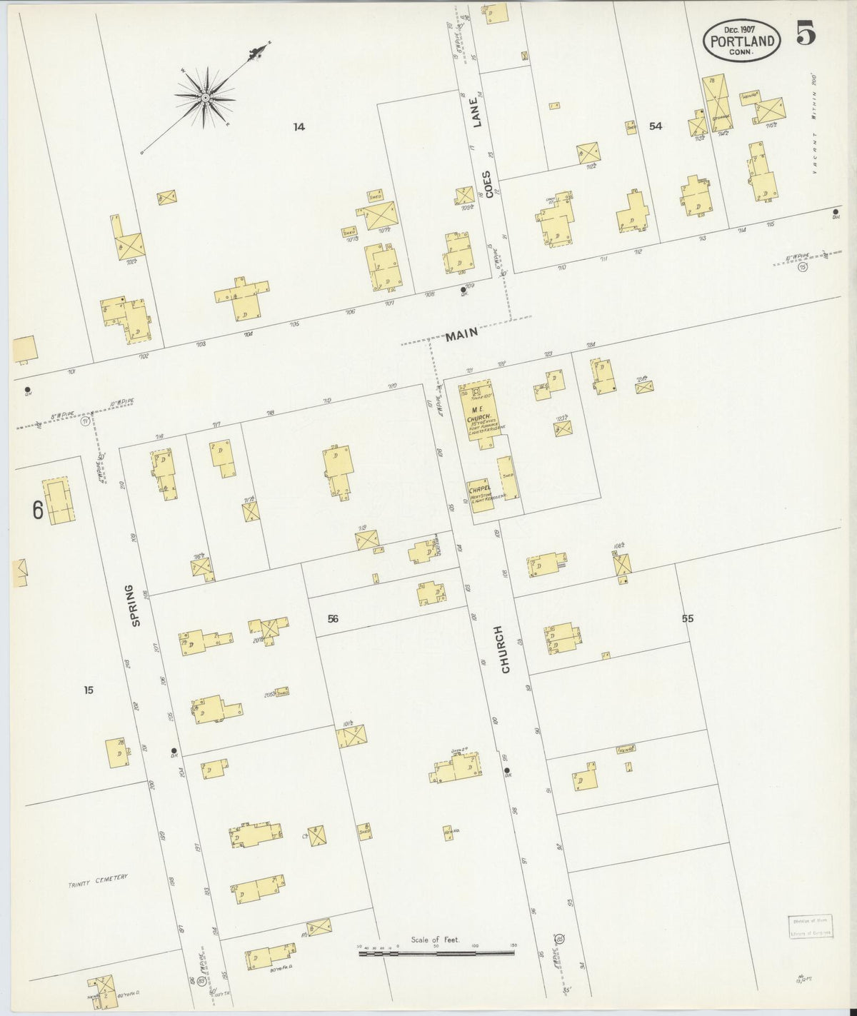 Sanborn Fire Insurance Map from Portland, Middlesex County, Connecticut (1907), Sheet #0005 - Historic Sanborn Fire Insurance Map Print, vintage old map wall art, antique decor, genealogy gift, Connecticut Connecticut map