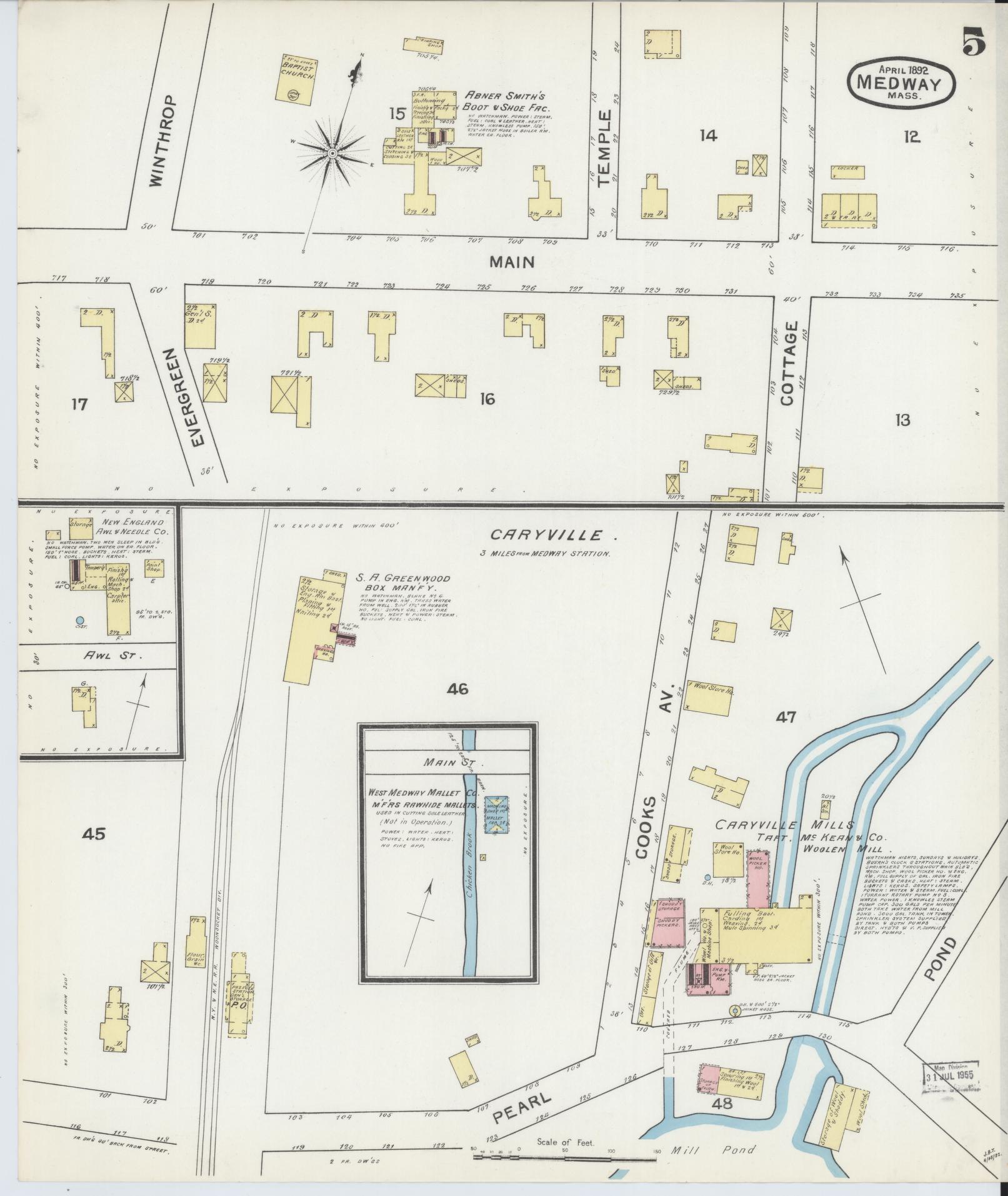 Sanborn Fire Insurance Map from Medway, Norfolk County, Massachusetts (1892), Sheet #0005 - Complete Map Set gallery image, historic Sanborn map, vintage wall art, Massachusetts Massachusetts