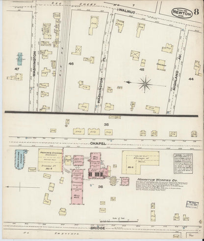 Sanborn Fire Insurance Map from Newton, Middlesex County, Massachusetts (1884), Sheet #0008 - Historic Sanborn Fire Insurance Map Print, vintage old map wall art, antique decor, genealogy gift, Massachusetts Massachusetts map