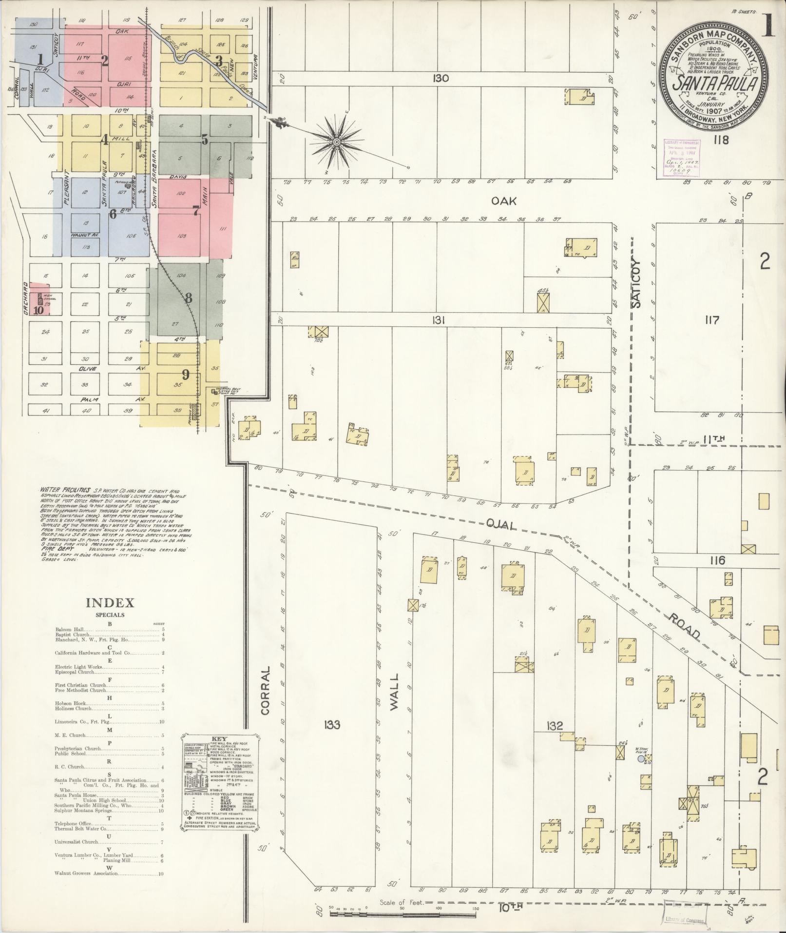 Sanborn Fire Insurance Map from Santa Paula, Ventura County, California (1907), Sheet #0001 - Complete Map Set gallery image, historic Sanborn map, vintage wall art, California California