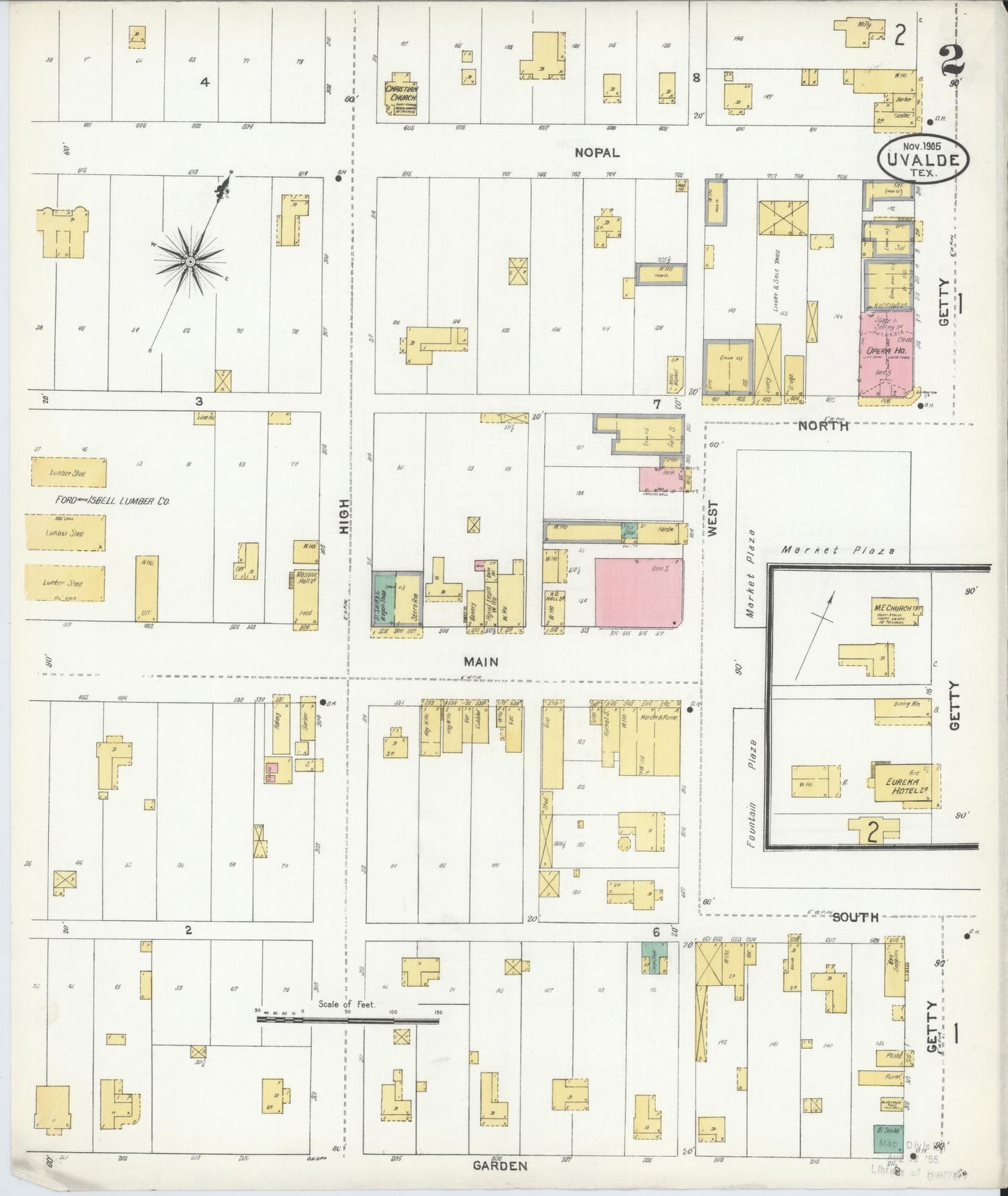 Sanborn Fire Insurance Map from Uvalde, Uvalde County, Texas (1905), Sheet #0002 - Complete Map Set gallery image, historic Sanborn map, vintage wall art, Texas Texas