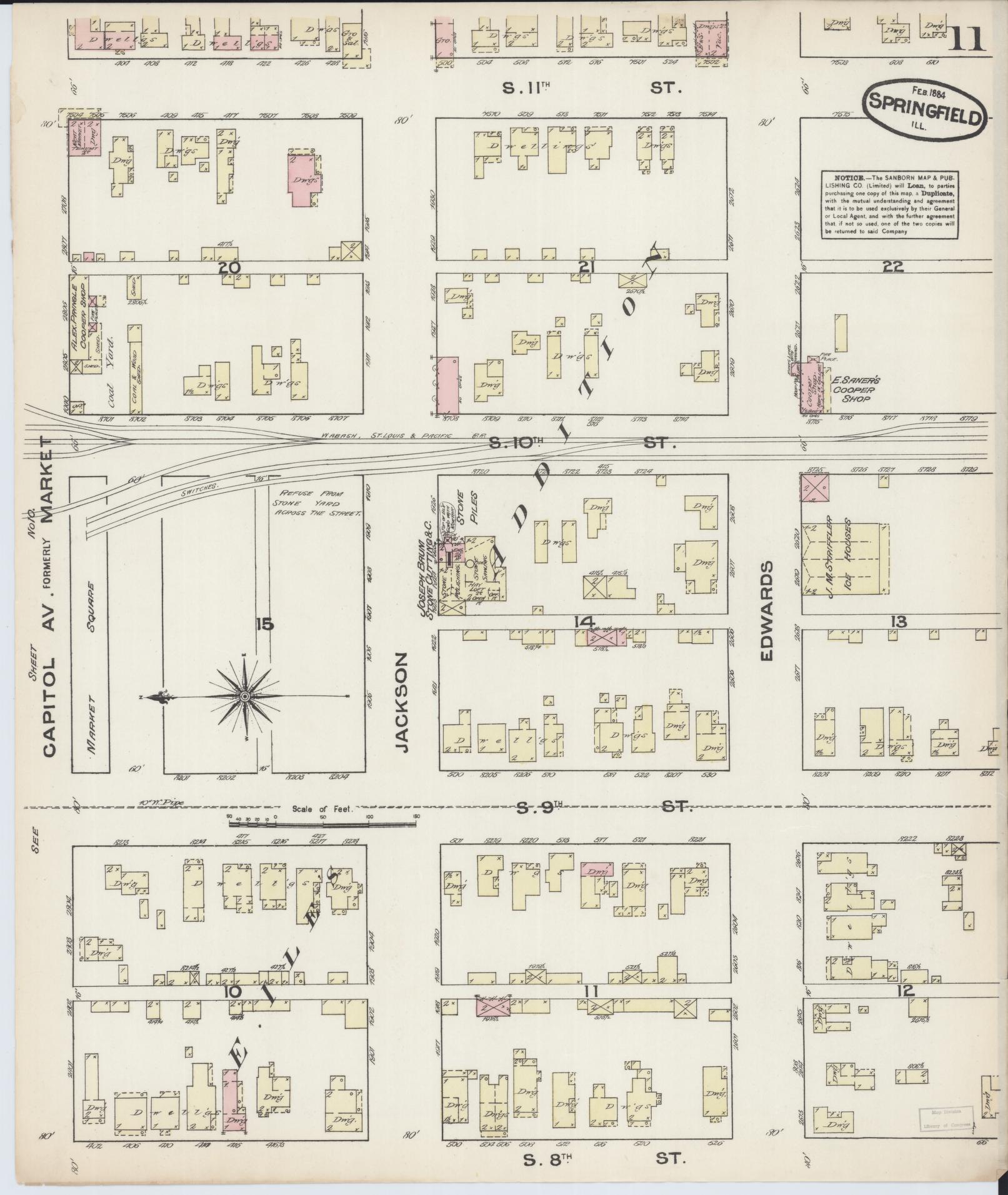 Sanborn Fire Insurance Map from Springfield, Sangamon County, Illinois (1884), Sheet #0011 - Complete Map Set gallery image, historic Sanborn map, vintage wall art, Illinois Illinois