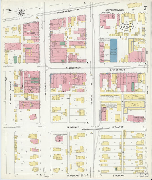 Sanborn Fire Insurance Map from Seymour, Jackson County, Indiana (1907), Sheet #0007 - Historic Sanborn Fire Insurance Map Print, vintage old map wall art, antique decor, genealogy gift, Indiana Indiana map