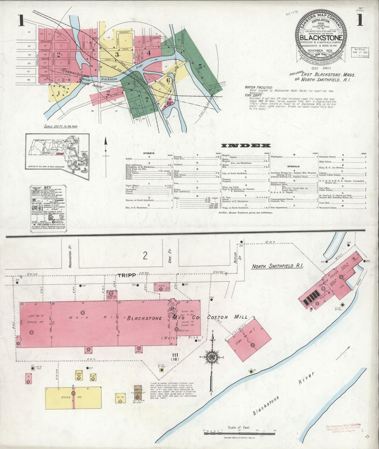 Sanborn Fire Insurance Map from Blackstone, Worcester County, Massachusetts (1923), Sheet #0001 - Historic Sanborn Fire Insurance Map Print, vintage old map wall art, antique decor, genealogy gift, Massachusetts Massachusetts map