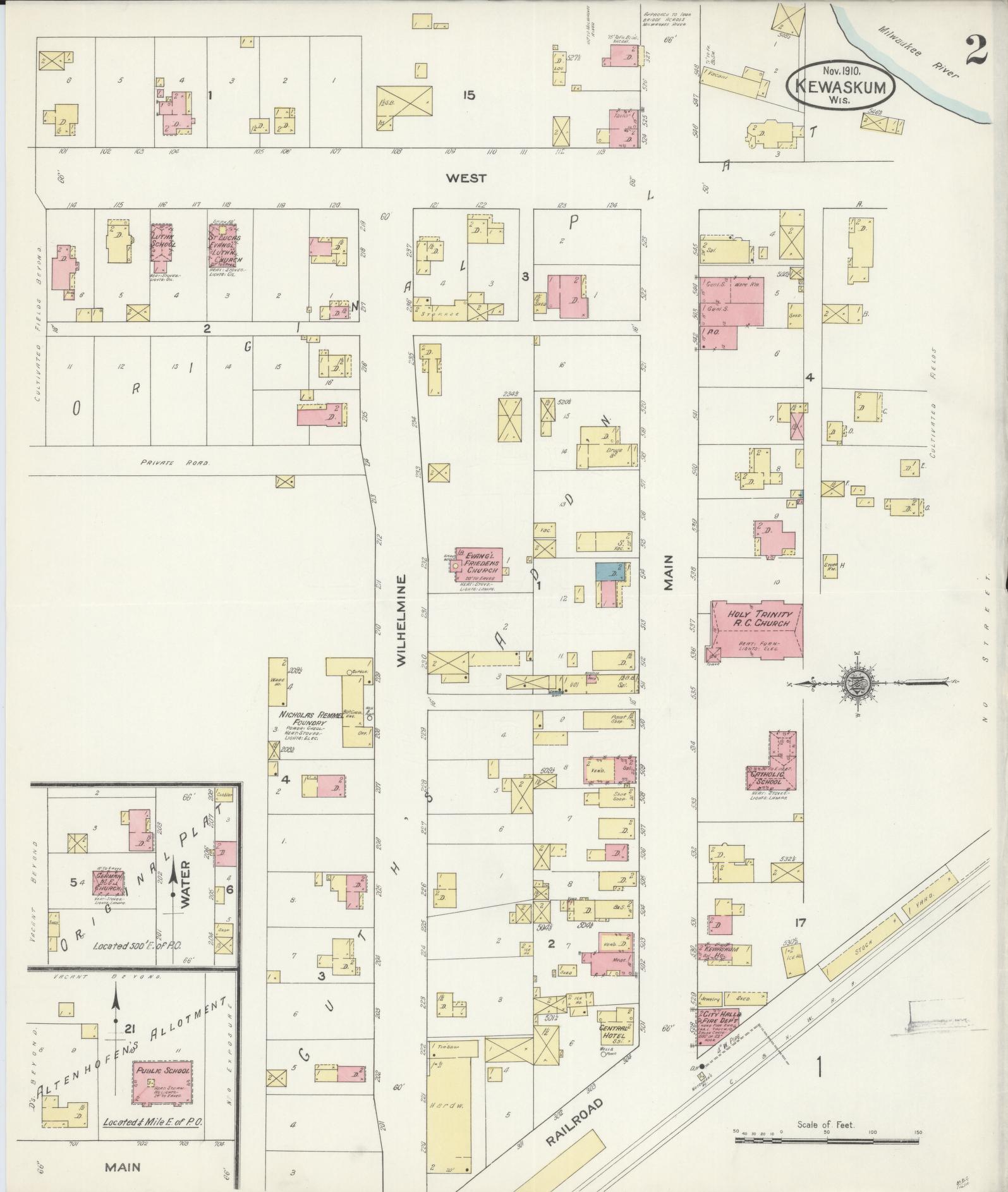 Sanborn Fire Insurance Map from Kewaskum, Washington County, Wisconsin (1910), Sheet #0002 - Complete Map Set gallery image, historic Sanborn map, vintage wall art, Wisconsin Wisconsin