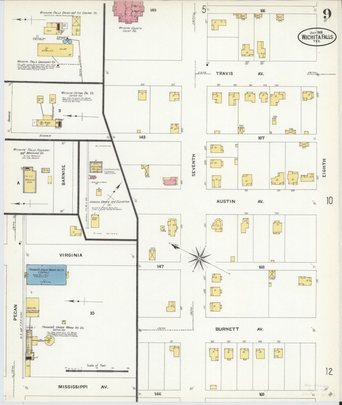Sanborn Fire Insurance Map from Wichita Falls, Wichita County, Texas (1908), Sheet #0009 - Historic Sanborn Fire Insurance Map Print, vintage old map wall art, antique decor, genealogy gift, Texas Texas map
