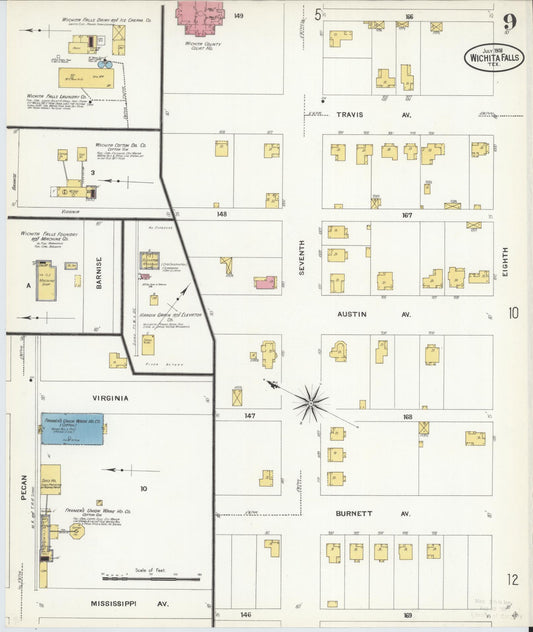 Sanborn Fire Insurance Map from Wichita Falls, Wichita County, Texas (1908), Sheet #0009 - Historic Sanborn Fire Insurance Map Print, vintage old map wall art, antique decor, genealogy gift, Texas Texas map