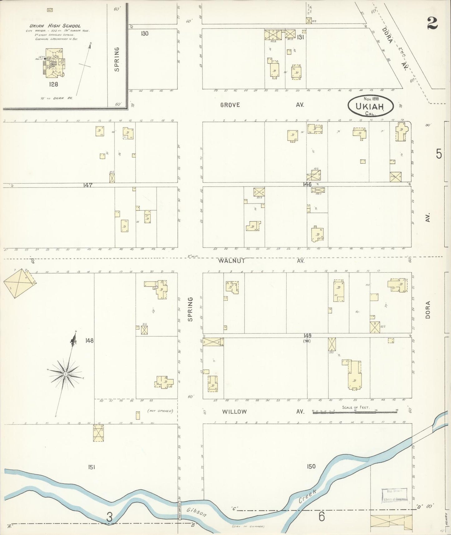 Sanborn Fire Insurance Map from Ukiah, Mendocino County, California (1898), Sheet #0002 - Complete Map Set gallery image, historic Sanborn map, vintage wall art, California California