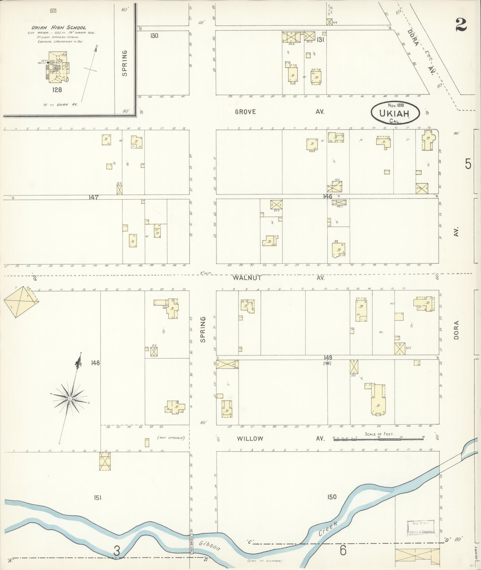 Sanborn Fire Insurance Map from Ukiah, Mendocino County, California (1898), Sheet #0002 - Complete Map Set gallery image, historic Sanborn map, vintage wall art, California California