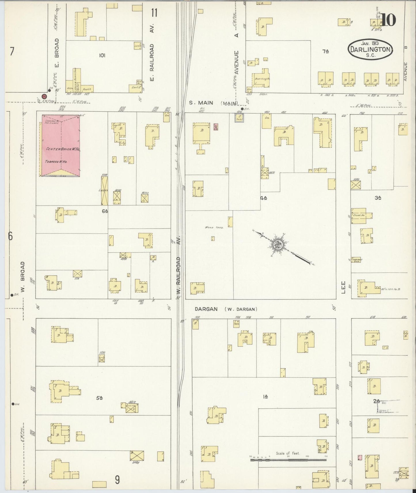 Sanborn Fire Insurance Map from Darlington, Darlington County, South Carolina (1913), Sheet #0010 - Complete Map Set gallery image, historic Sanborn map, vintage wall art, South Carolina South Carolina
