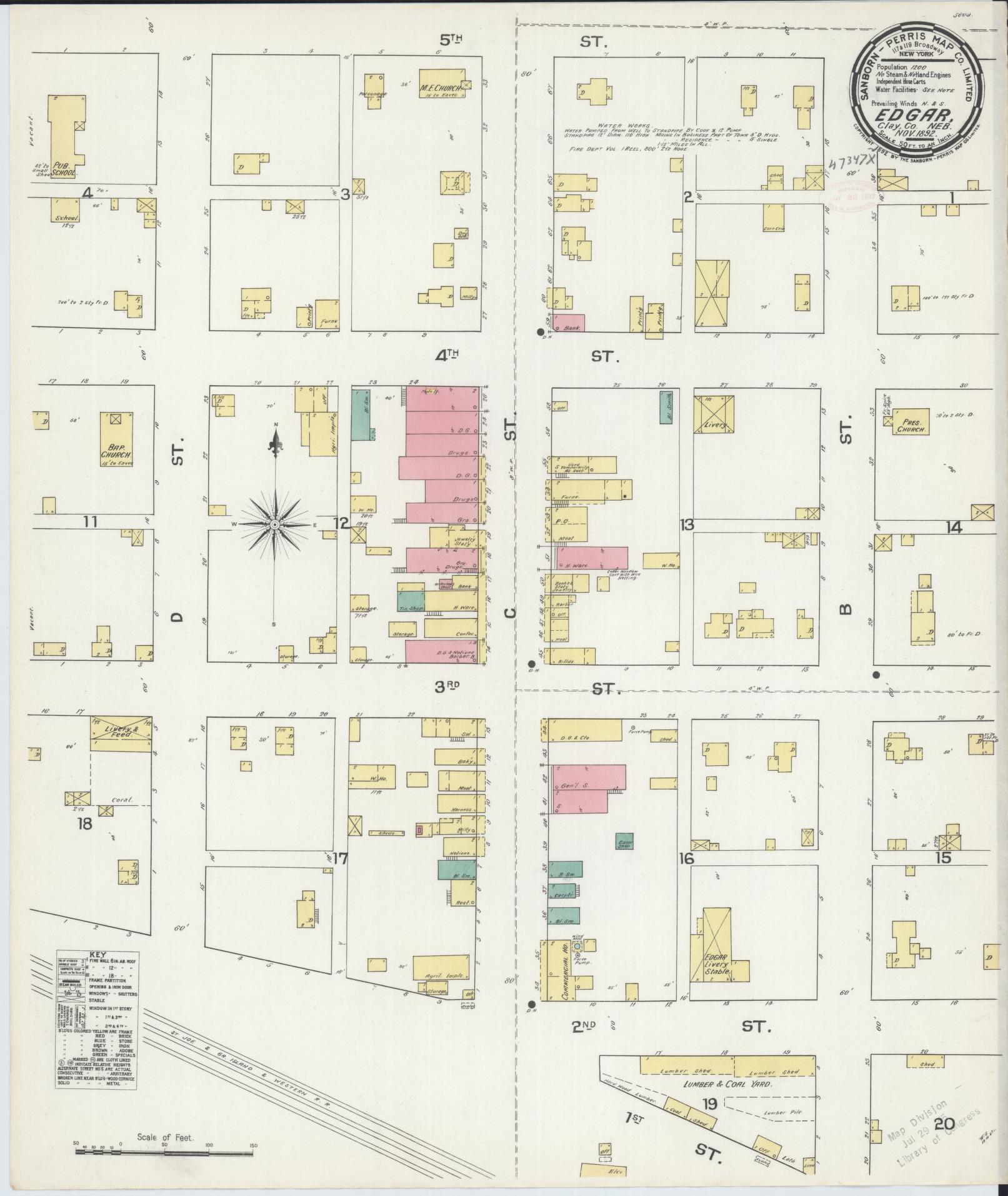 Sanborn Fire Insurance Map from Edgar, Clay County, Nebraska (1892), Sheet #0001 - Historic Sanborn Fire Insurance Map Print, vintage old map wall art, antique decor, genealogy gift, Nebraska Nebraska map
