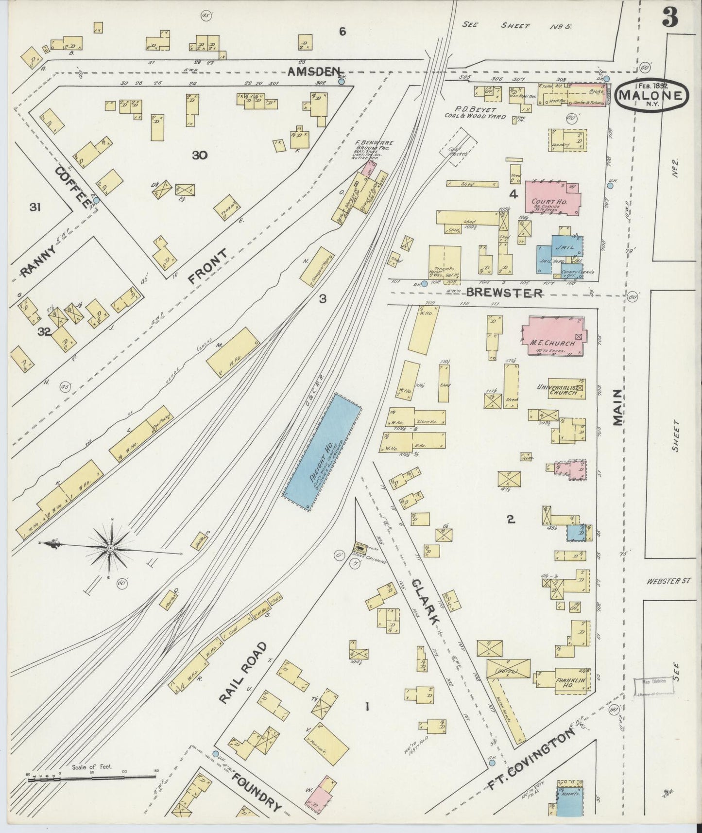 Sanborn Fire Insurance Map from Malone, Franklin County, New York (1892), Sheet #0003 - Historic Sanborn Fire Insurance Map Print, vintage old map wall art, antique decor, genealogy gift, New York New York map