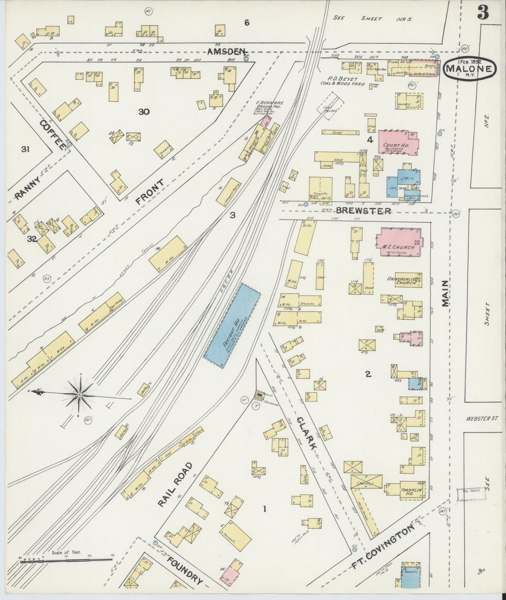 Sanborn Fire Insurance Map from Malone, Franklin County, New York (1892), Sheet #0003 - Historic Sanborn Fire Insurance Map Print, vintage old map wall art, antique decor, genealogy gift, New York New York map