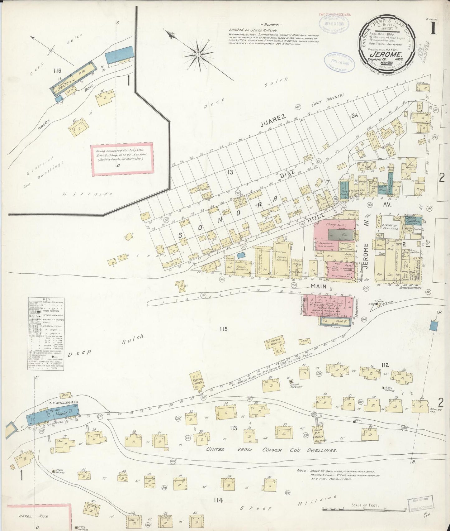 Sanborn Fire Insurance Map from Jerome, Yavapai County, Arizona (1898), Sheet #0001 - Complete Map Set gallery image, historic Sanborn map, vintage wall art, Arizona Arizona