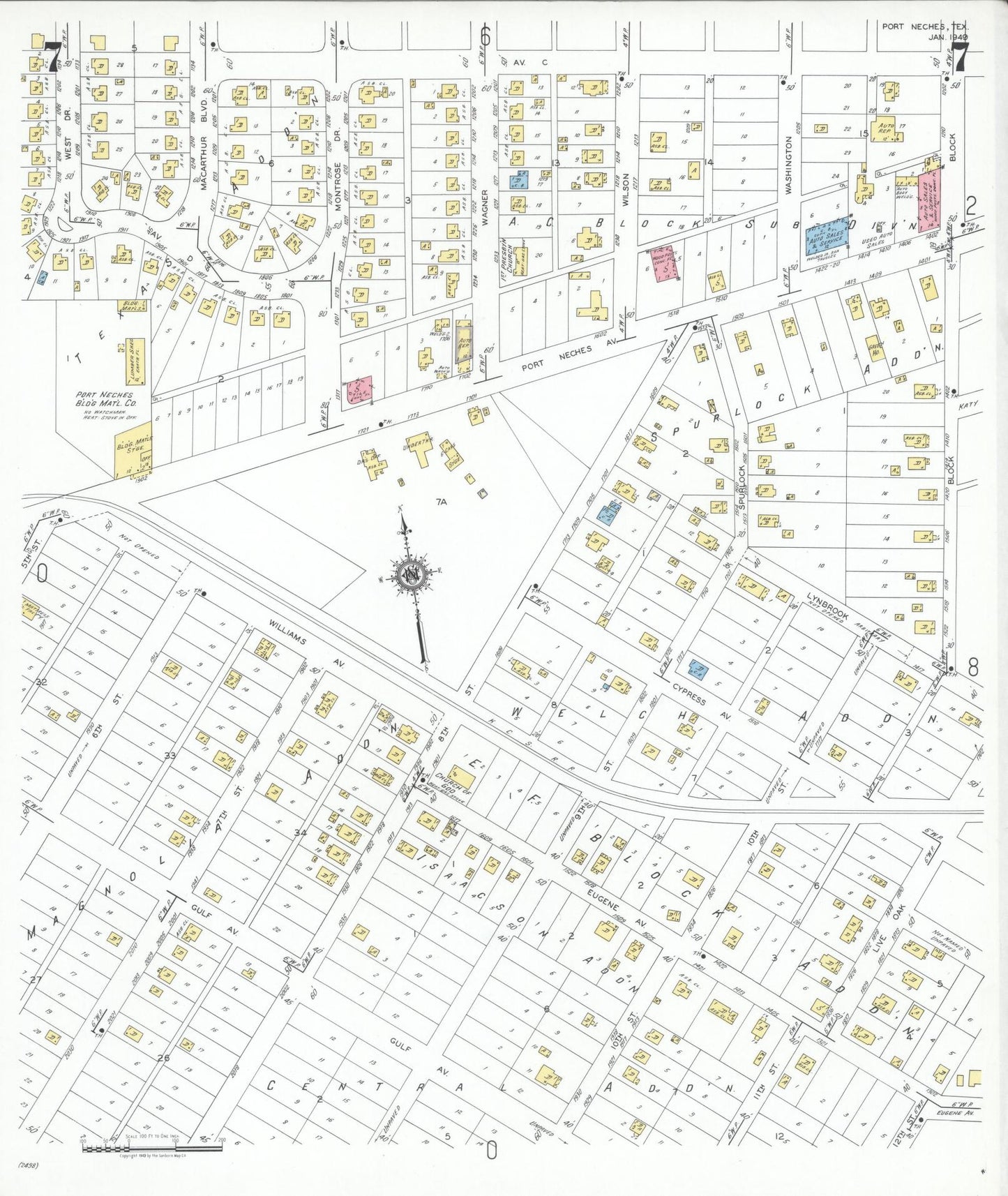 Sanborn Fire Insurance Map from Port Neches, Jefferson County, Texas (1949), Sheet #0007 - Historic Sanborn Fire Insurance Map Print, vintage old map wall art, antique decor, genealogy gift, Texas Texas map