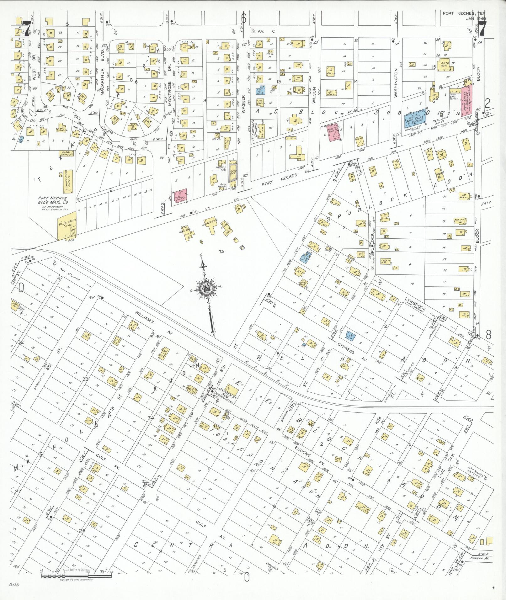 Sanborn Fire Insurance Map from Port Neches, Jefferson County, Texas (1949), Sheet #0007 - Historic Sanborn Fire Insurance Map Print, vintage old map wall art, antique decor, genealogy gift, Texas Texas map