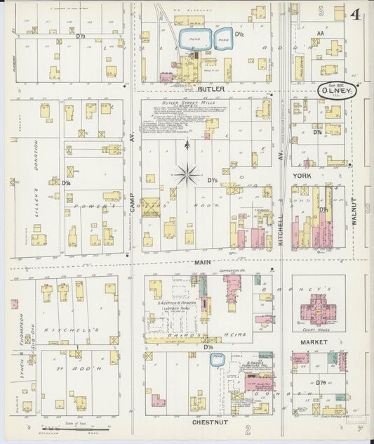 Sanborn Fire Insurance Map from Olney, Richland County, Illinois (1892), Sheet #0004 - Historic Sanborn Fire Insurance Map Print, vintage old map wall art, antique decor, genealogy gift, Illinois Illinois map