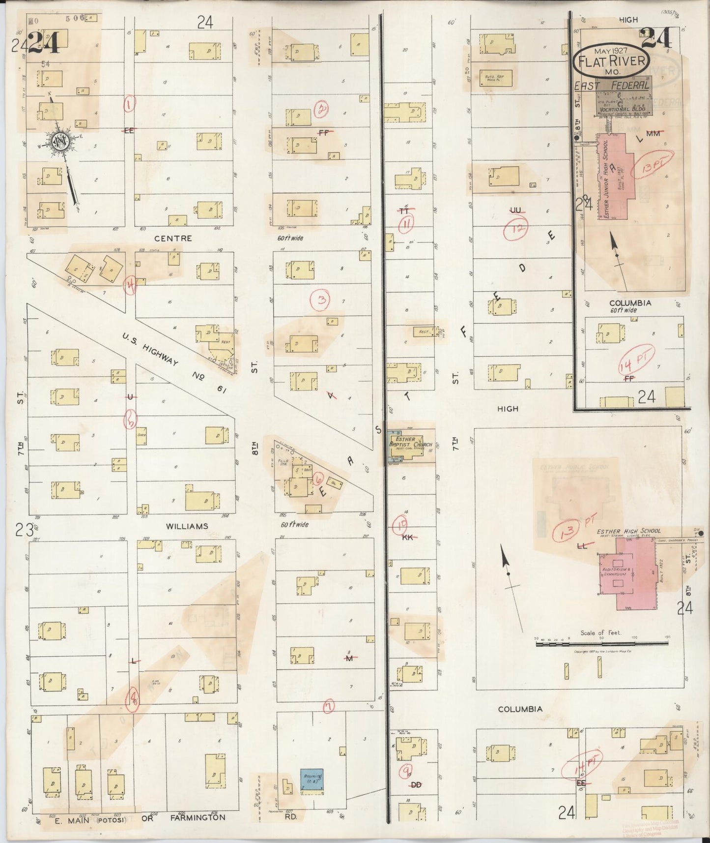 Sanborn Fire Insurance Map from Flat River, Saint Francois County, Missouri (1938), Sheet #0024 - Historic Sanborn Fire Insurance Map Print, vintage old map wall art, antique decor, genealogy gift, Missouri Missouri map