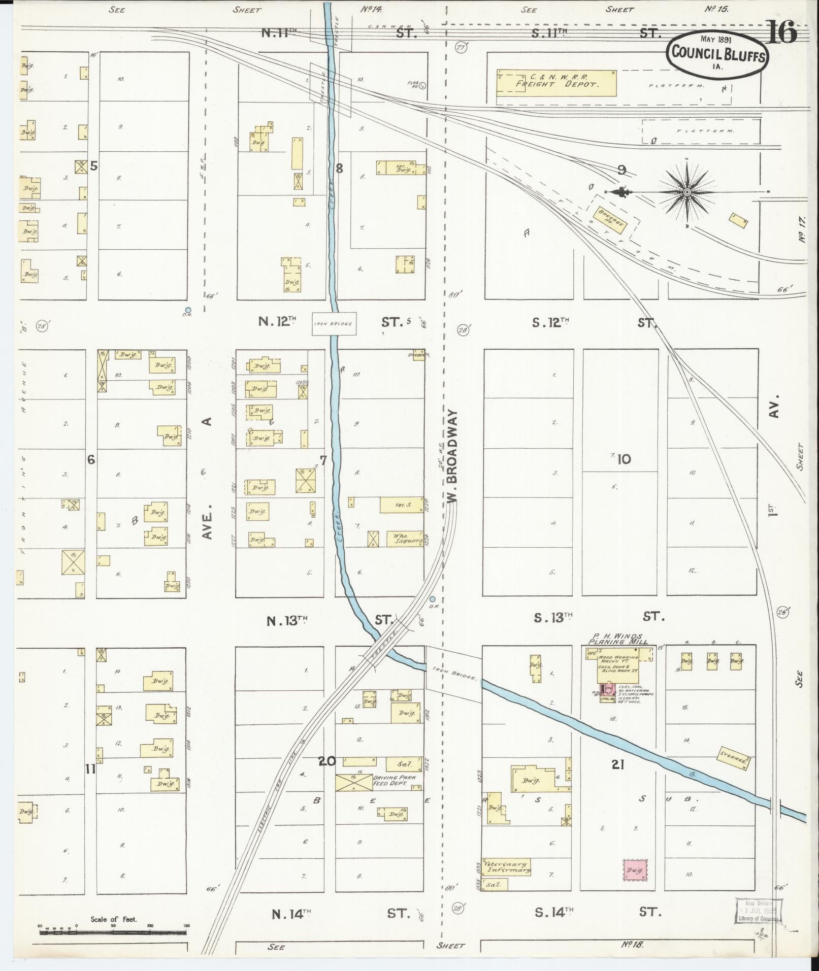 Sanborn Fire Insurance Map from Council Bluffs, Pottawattamie County, Iowa (1891), Sheet #0016 - Historic Sanborn Fire Insurance Map Print, vintage old map wall art