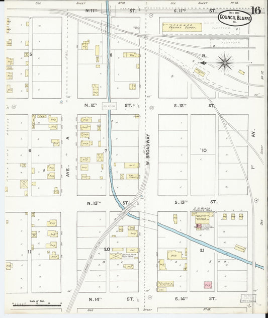 Sanborn Fire Insurance Map from Council Bluffs, Pottawattamie County, Iowa (1891), Sheet #0016 - Historic Sanborn Fire Insurance Map Print, vintage old map wall art