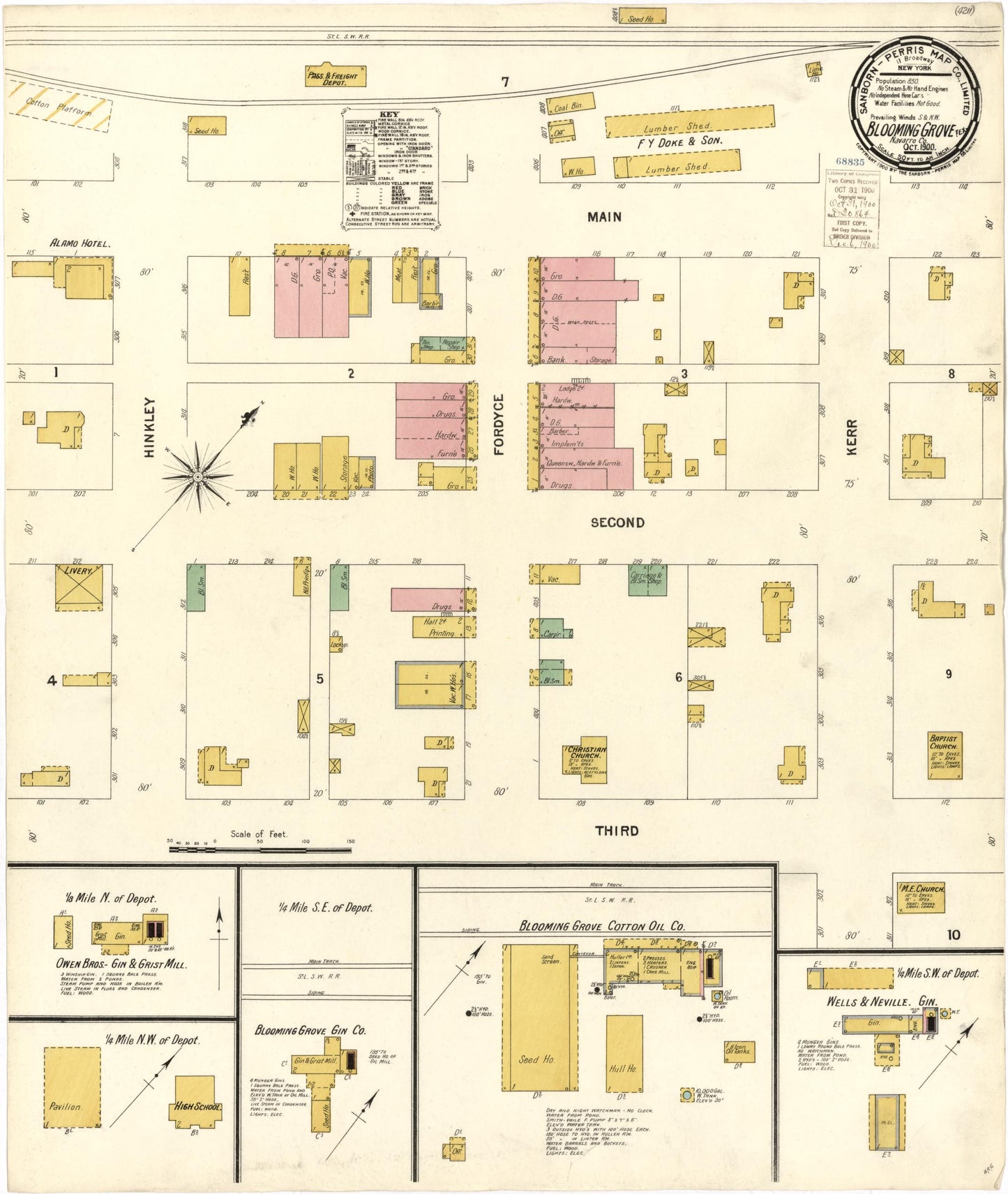 Sanborn Fire Insurance Map from Blooming Grove, Navarro County, Texas (1900), Sheet #0001 - Historic Sanborn Fire Insurance Map Print, vintage old map wall art, antique decor, genealogy gift, Texas Texas map