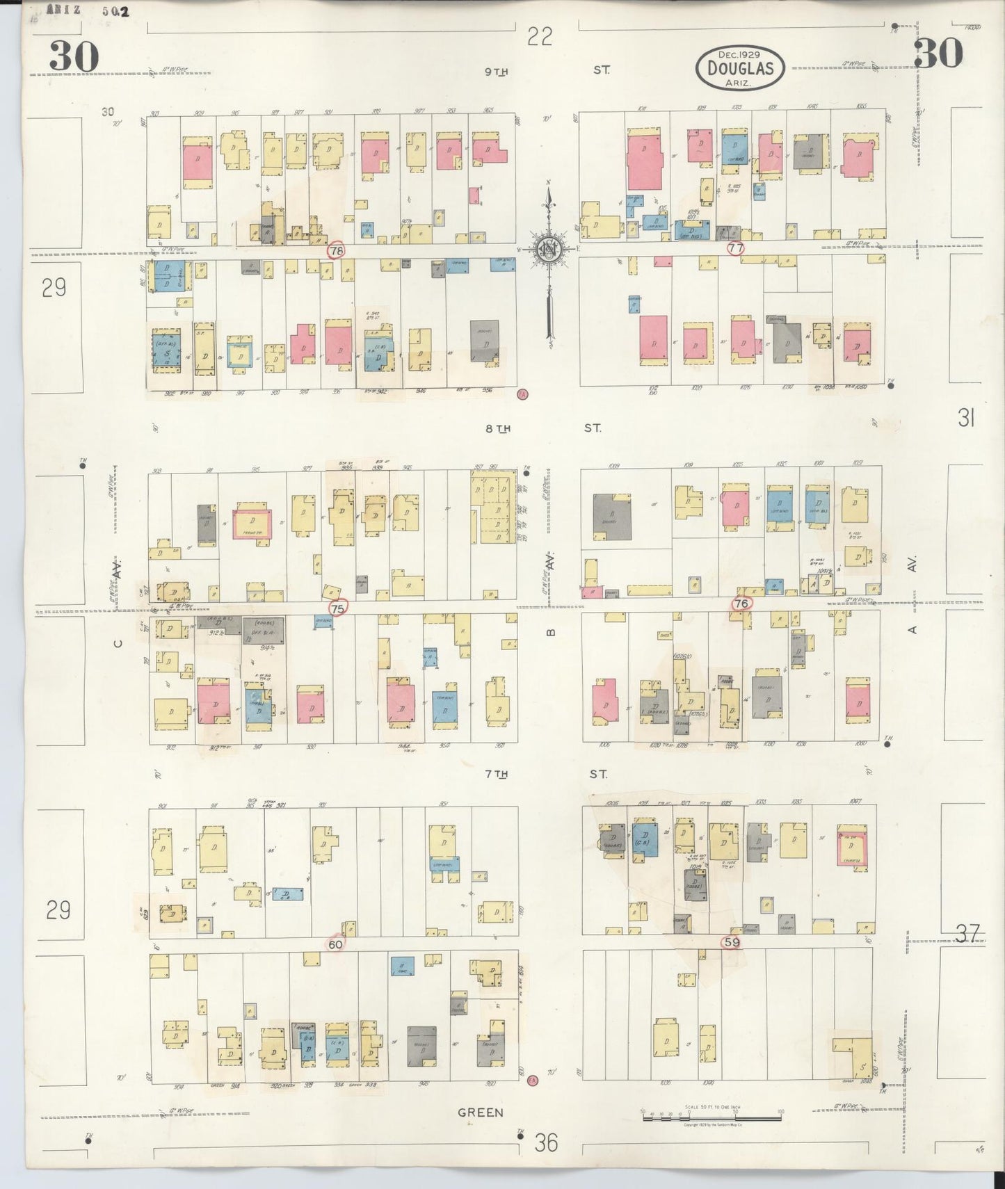 Sanborn Fire Insurance Map from Douglas, Cochise County, Arizona (1947), Sheet #0030 - Historic Sanborn Fire Insurance Map Print, vintage old map wall art, antique decor, genealogy gift, Arizona Arizona map