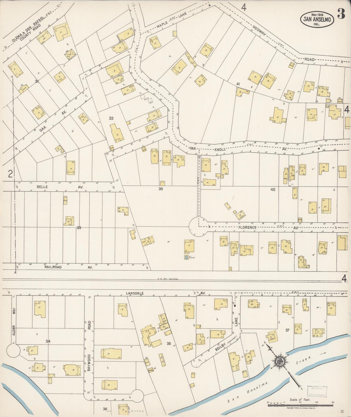 Sanborn Fire Insurance Map from San Anselmo, Marin County, California (1919), Sheet #0003 - Complete Map Set gallery image, historic Sanborn map, vintage wall art, California California