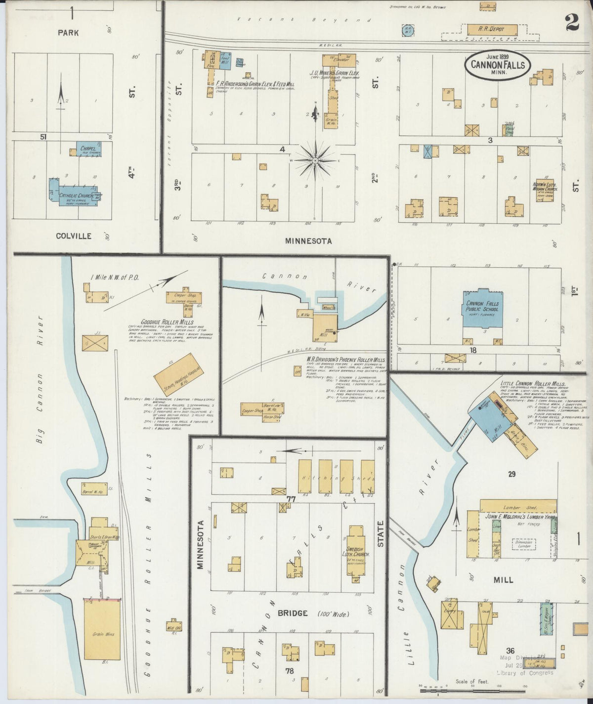 Sanborn Fire Insurance Map from Cannon Falls, Goodhue County, Minnesota (1899), Sheet #0002 - Complete Map Set gallery image, historic Sanborn map, vintage wall art, Minnesota Minnesota