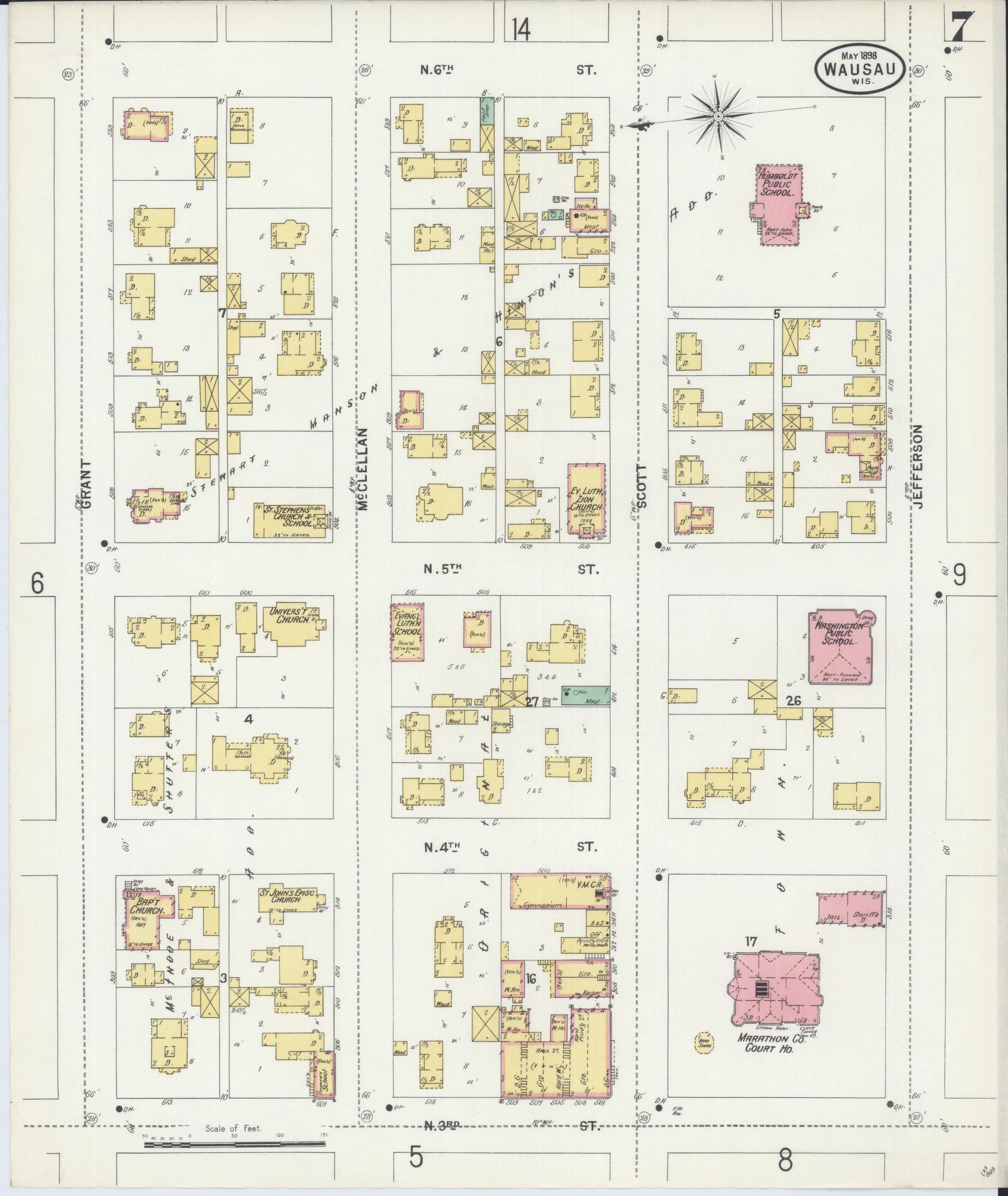 Sanborn Fire Insurance Map from Wausau, Marathon County, Wisconsin (1898), Sheet #0007 - Complete Map Set gallery image, historic Sanborn map, vintage wall art, Wisconsin Wisconsin