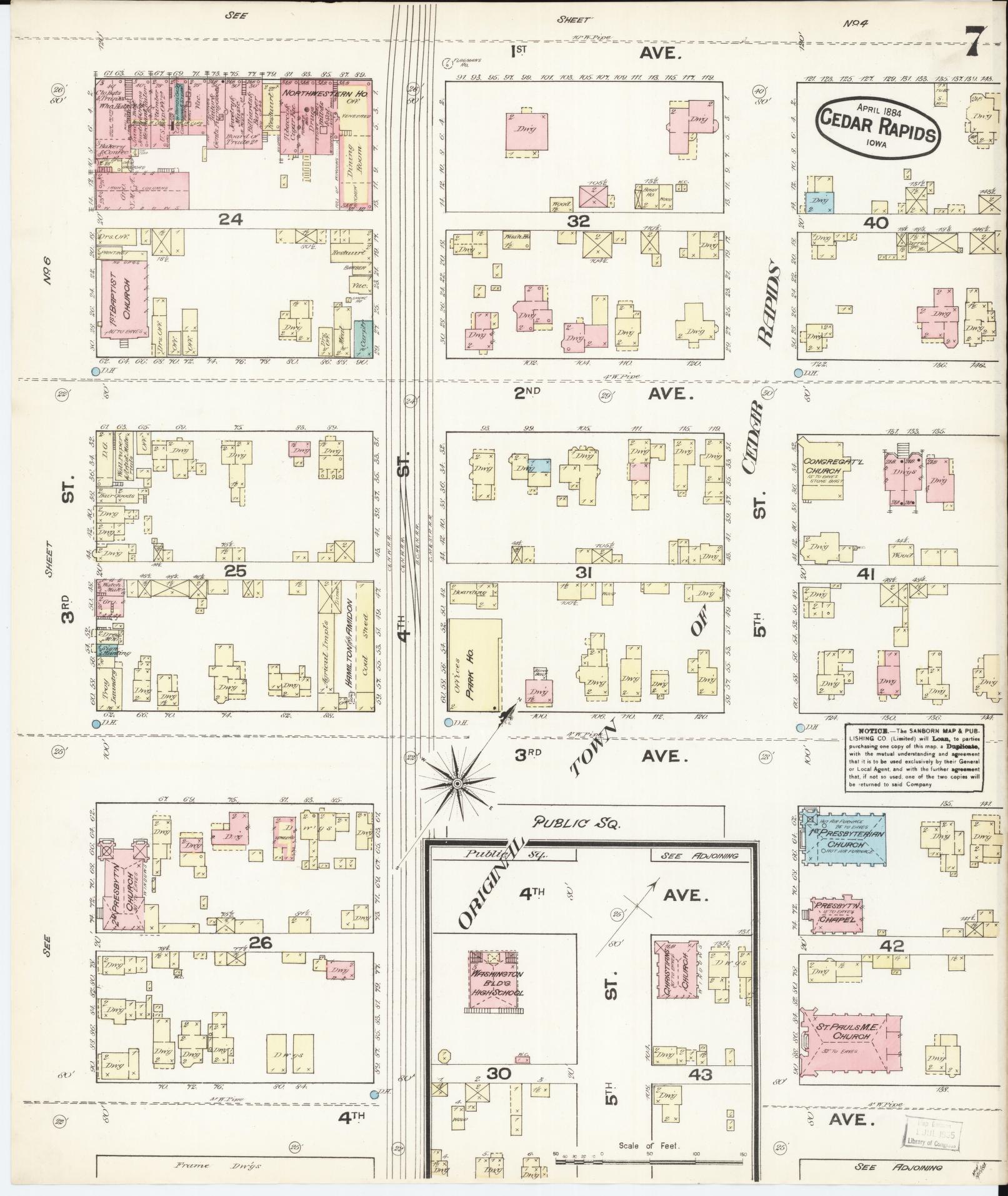 Sanborn Fire Insurance Map from Cedar Rapids, Linn County, Iowa (1884), Sheet #0007 - Historic Sanborn Fire Insurance Map Print, vintage old map wall art