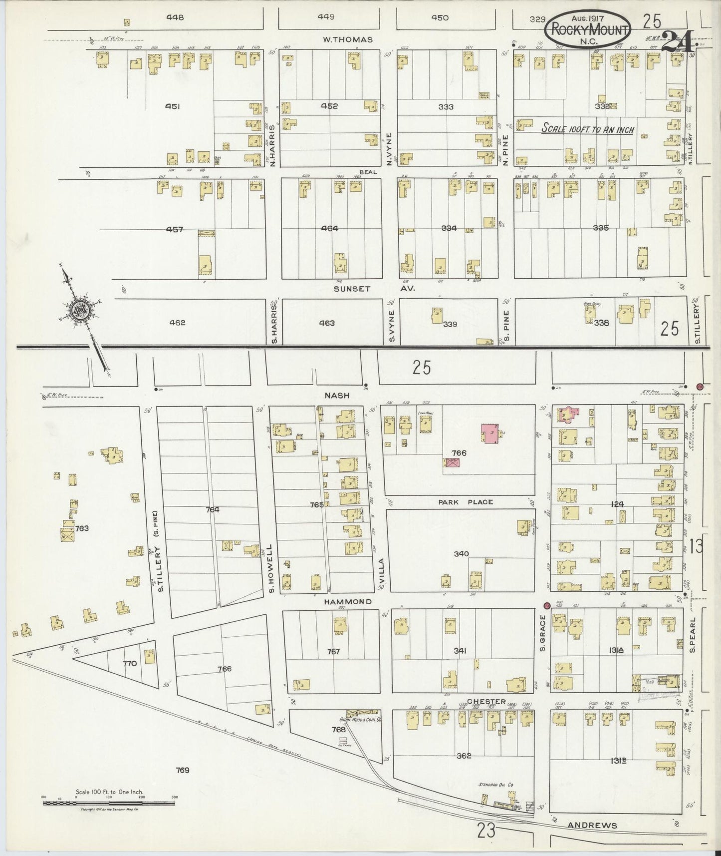 Sanborn Fire Insurance Map from Rocky Mount, Edgecombe And Nash Counties, North Carolina (1917), Sheet #0024 - Complete Map Set gallery image, historic Sanborn map, vintage wall art, North Carolina North Carolina