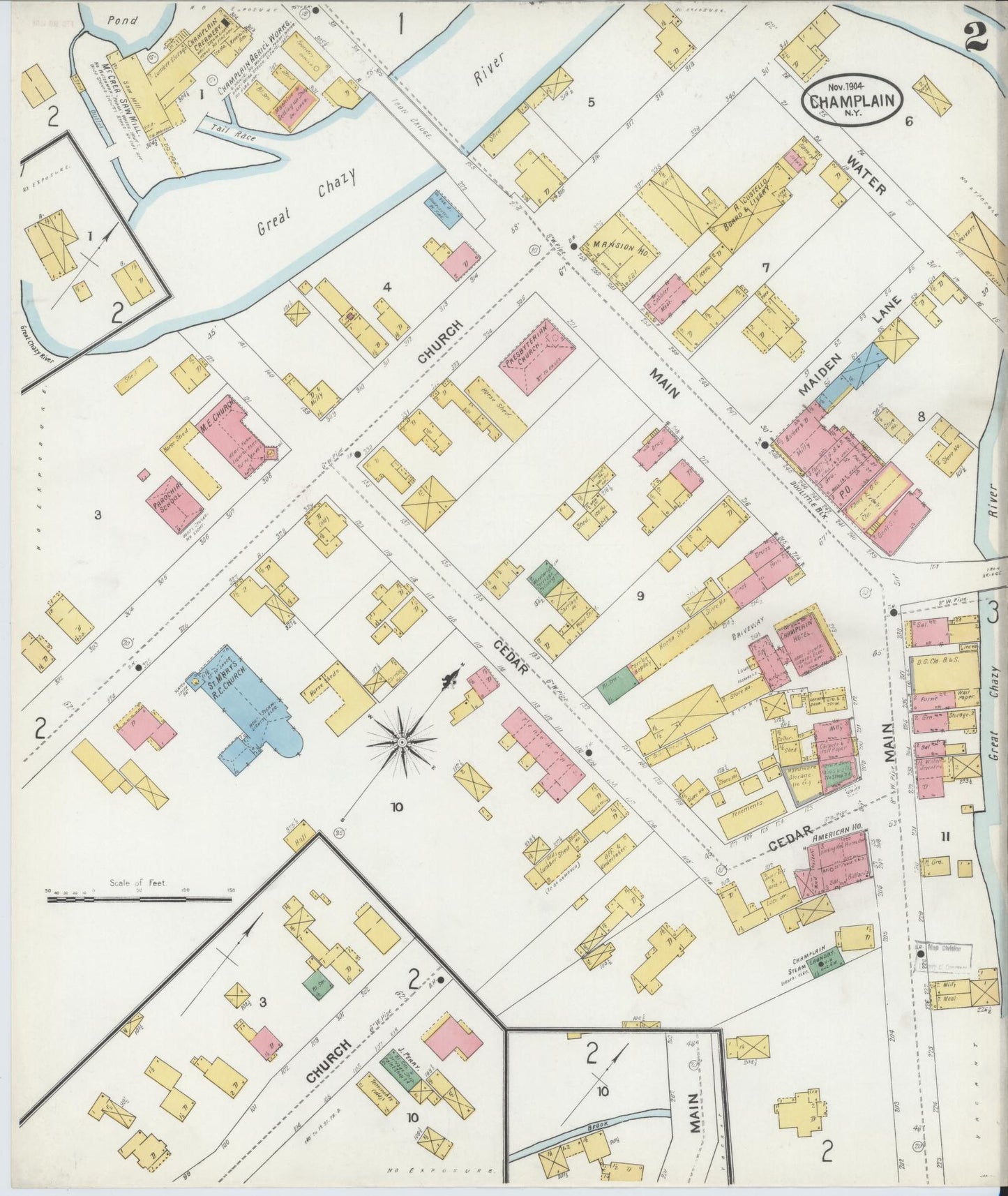 Sanborn Fire Insurance Map from Champlain, Clinton County, New York (1904), Sheet #0002 - Complete Map Set gallery image, historic Sanborn map, vintage wall art, New York New York