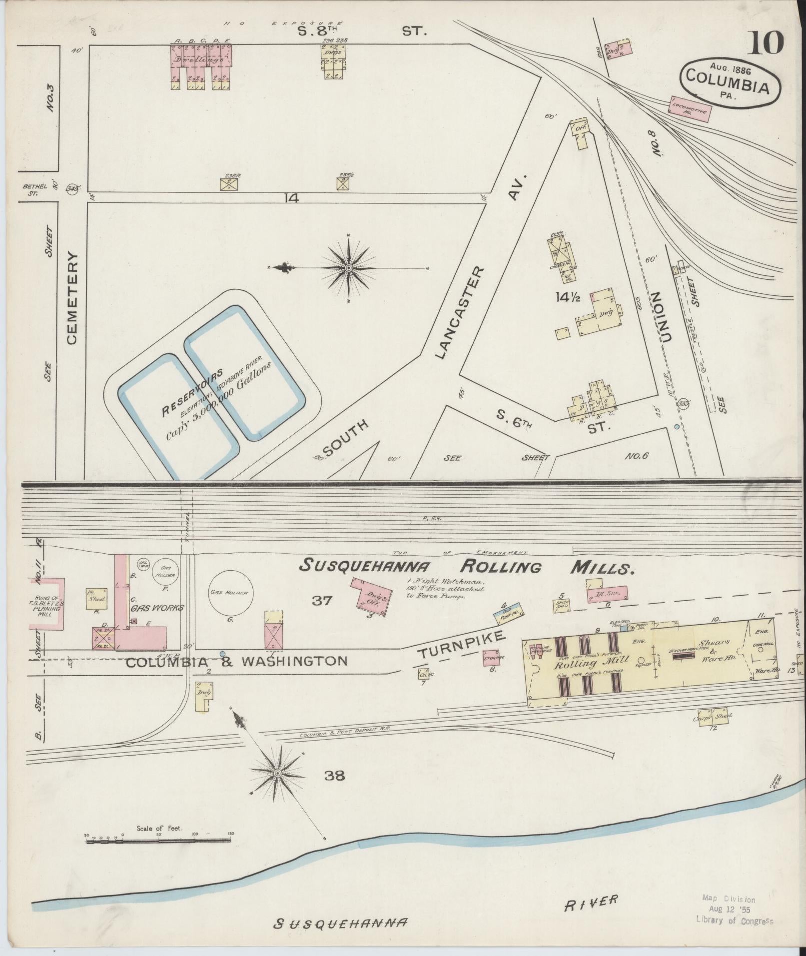 Sanborn Fire Insurance Map from Columbia, Lancaster County, Pennsylvania (1886), Sheet #0010 - Complete Map Set gallery image, historic Sanborn map, vintage wall art, Pennsylvania Pennsylvania
