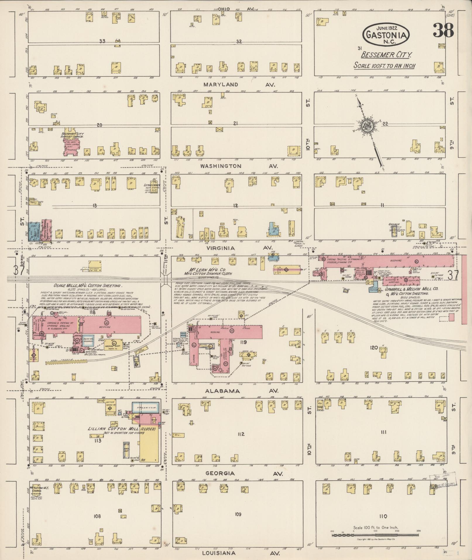 Sanborn Fire Insurance Map from Gastonia, Gaston County, North Carolina (1922), Sheet #0038 - Historic Sanborn Fire Insurance Map Print, vintage old map wall art, antique decor, genealogy gift, North Carolina North Carolina map
