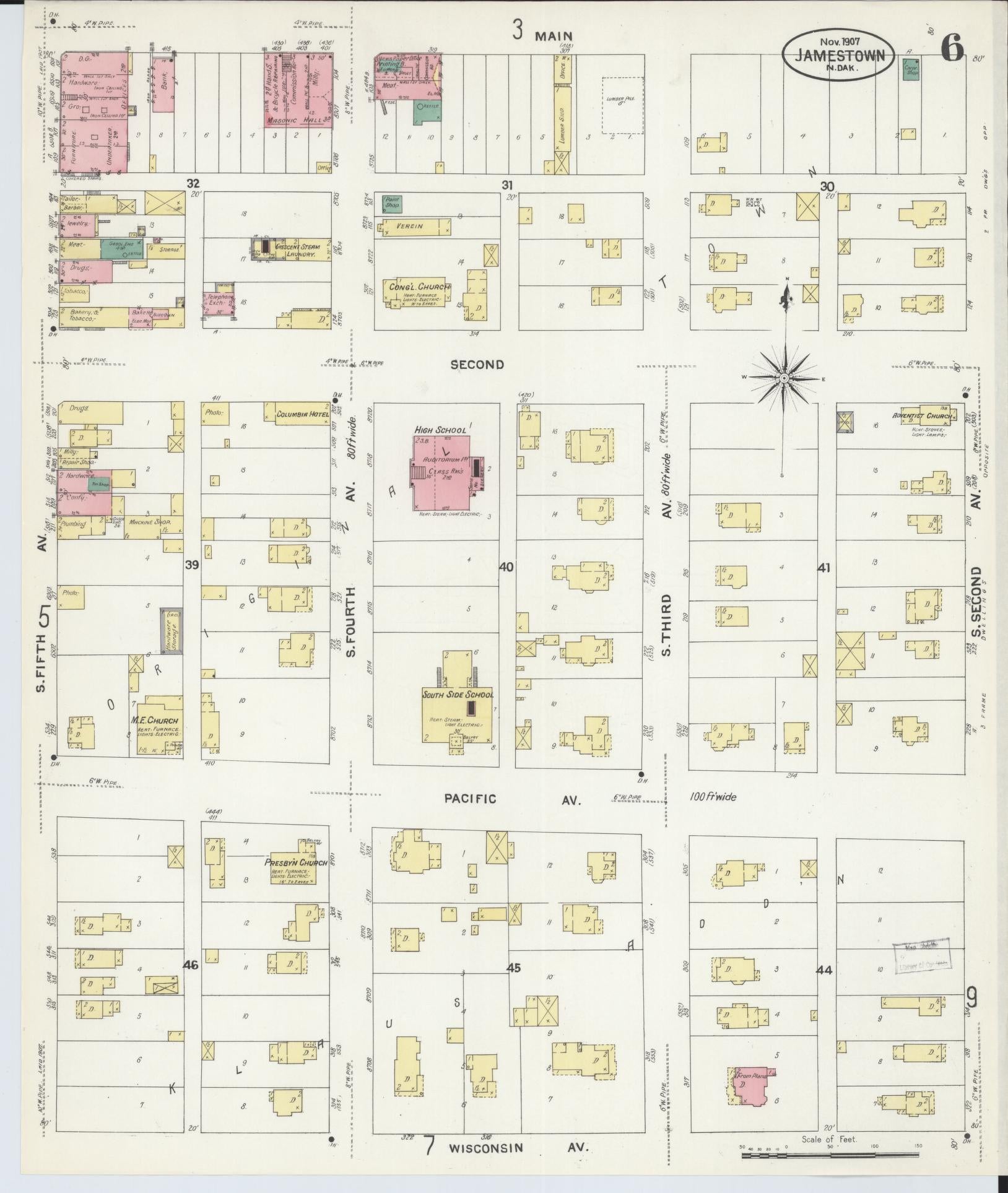 Sanborn Fire Insurance Map from Jamestown, Stutsman County, North Dakota (1907), Sheet #0006 - Complete Map Set gallery image, historic Sanborn map, vintage wall art, North Dakota North Dakota