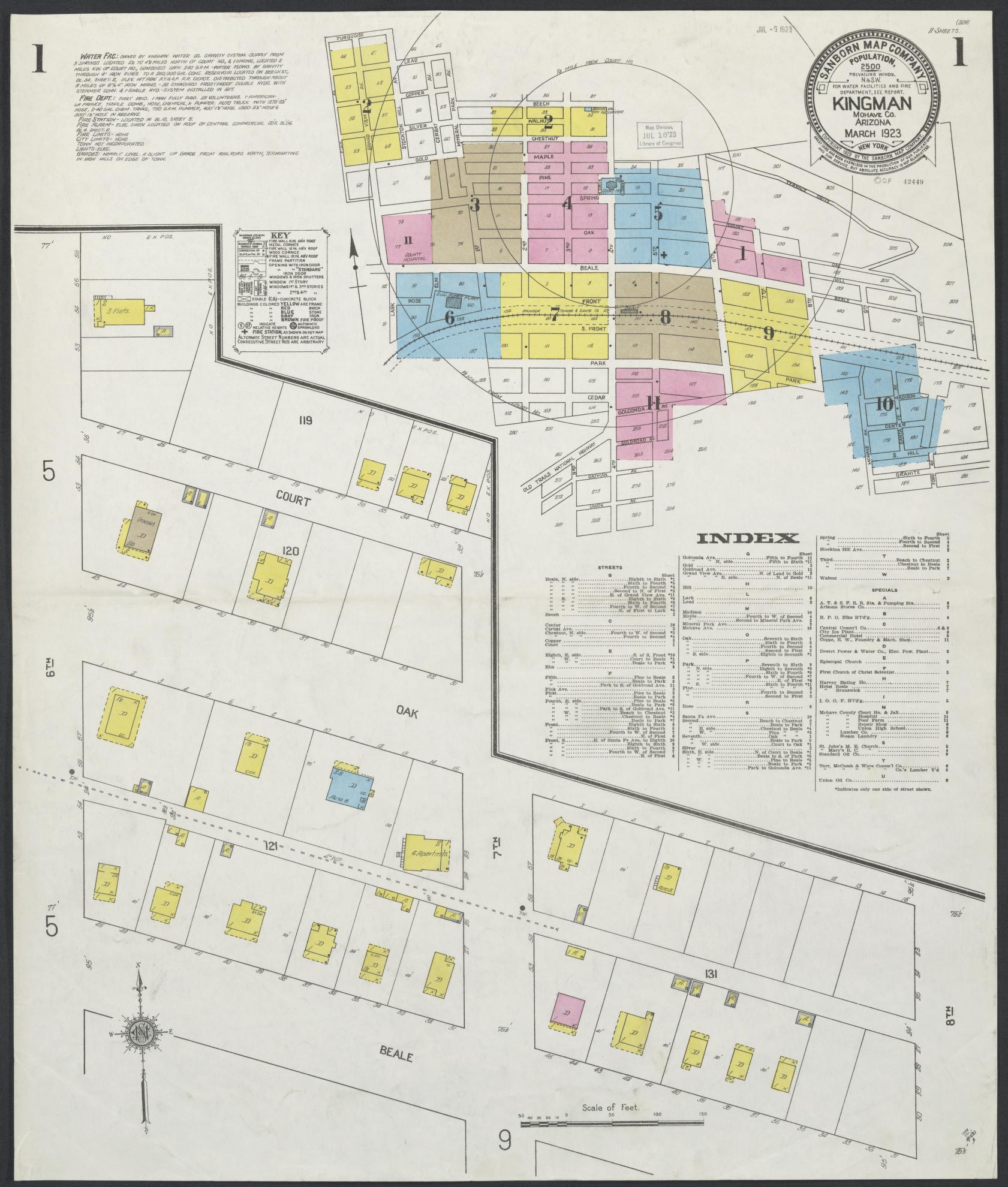 Sanborn Fire Insurance Map from Kingman, Mohave County, Arizona (1923), Sheet #0001 - Historic Sanborn Fire Insurance Map Print, vintage old map wall art, antique decor, genealogy gift, Arizona Arizona map