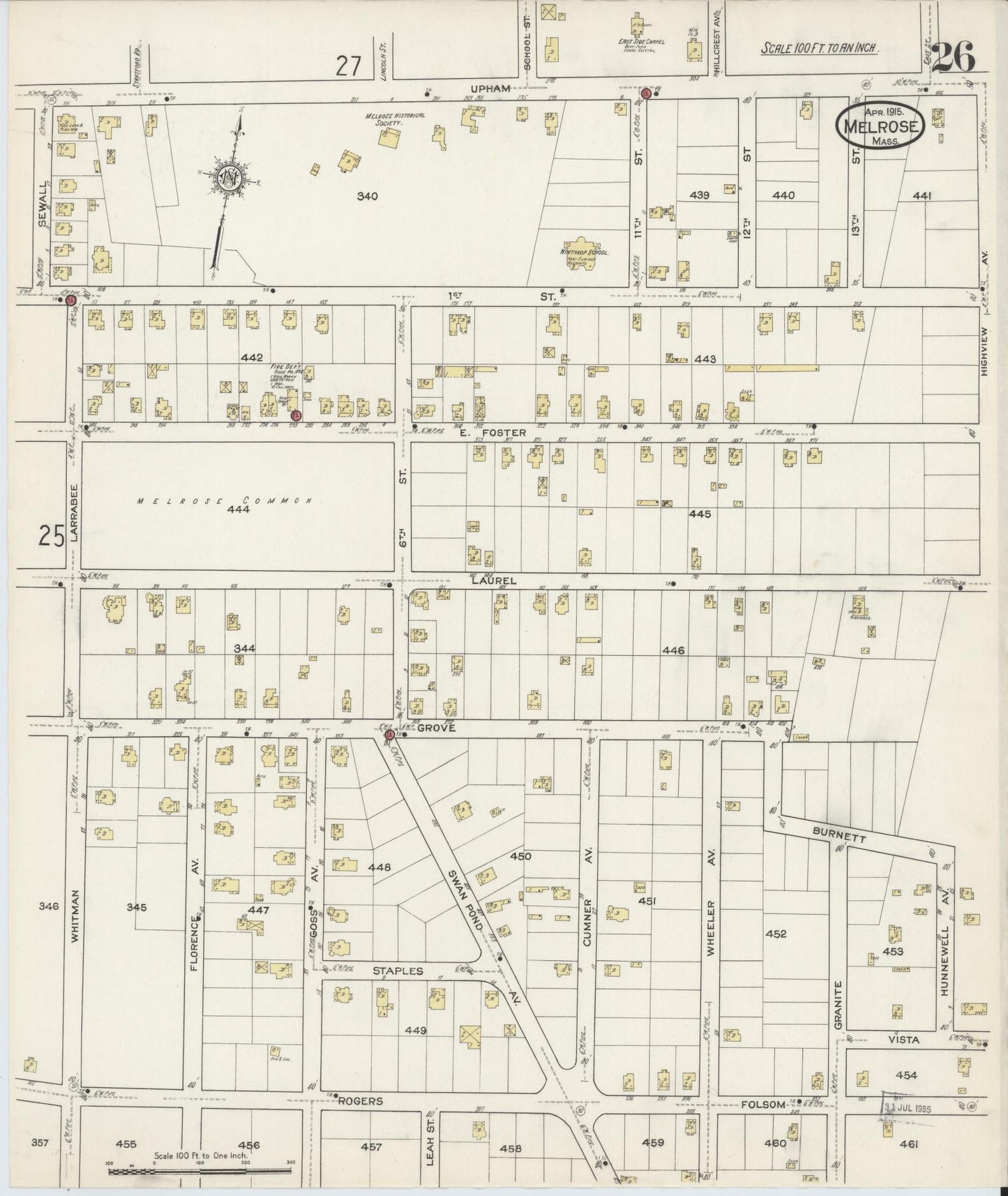 Sanborn Fire Insurance Map from Melrose, Middlesex County, Massachusetts (1915), Sheet #0026 - Complete Map Set gallery image, historic Sanborn map, vintage wall art, Massachusetts Massachusetts