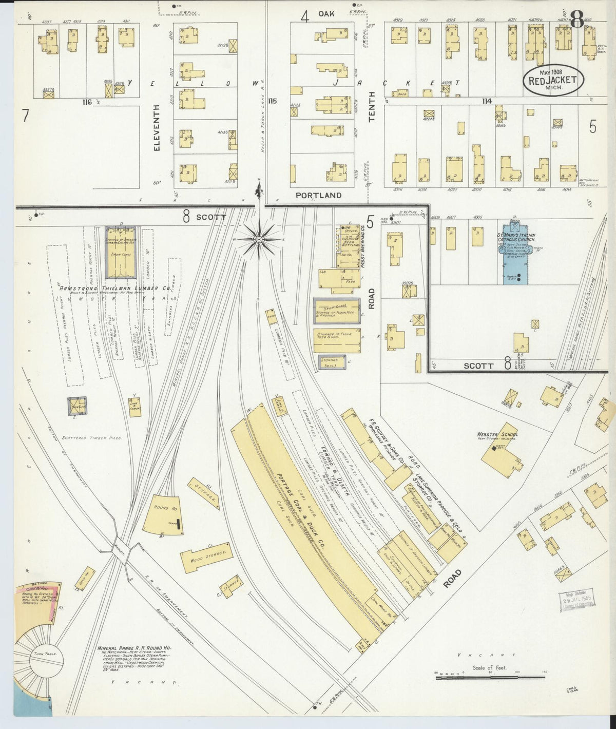 Sanborn Fire Insurance Map from Red Jacket, Houghton County, Michigan (1908), Sheet #0008 - Historic Sanborn Fire Insurance Map Print, vintage old map wall art, antique decor, genealogy gift, Michigan Michigan map