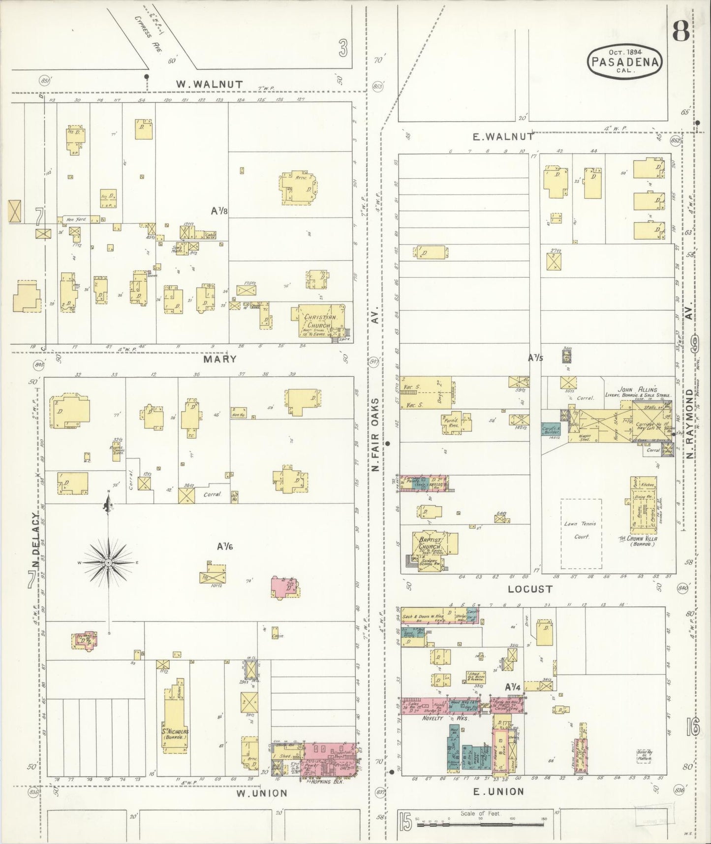 Sanborn Fire Insurance Map from Pasadena, Los Angeles County, California (1894), Sheet #0008 - Complete Map Set gallery image, historic Sanborn map, vintage wall art, California California