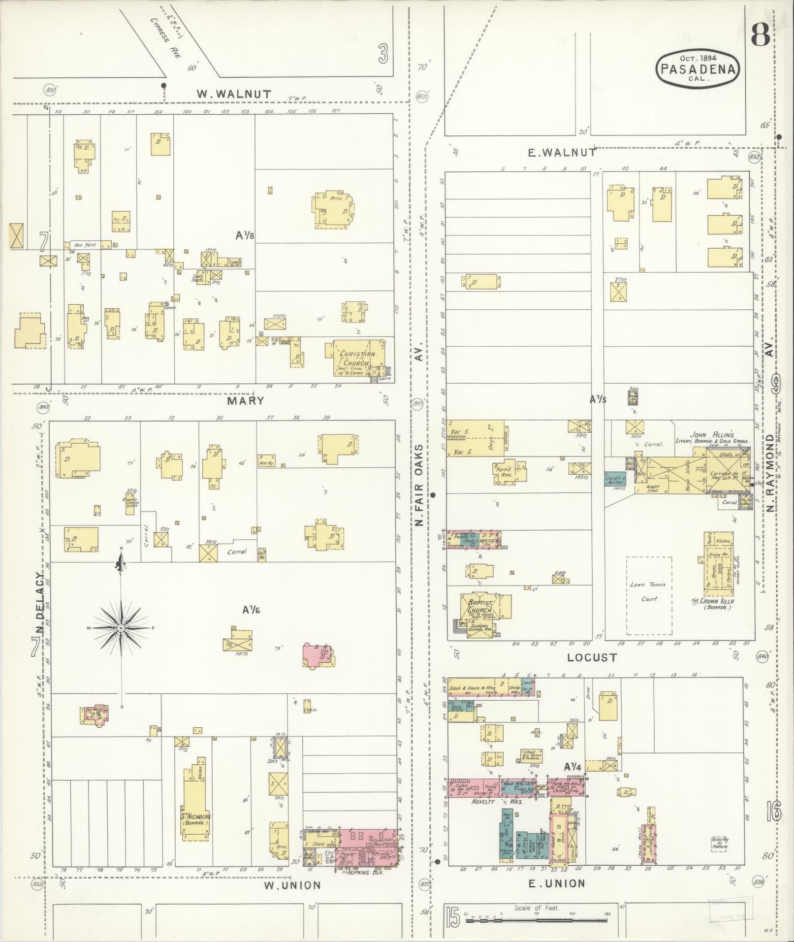 Sanborn Fire Insurance Map from Pasadena, Los Angeles County, California (1894), Sheet #0008 - Complete Map Set gallery image, historic Sanborn map, vintage wall art, California California